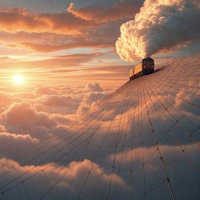 The primary subject of the image is a train traveling through a cloudy sky. The setting is a vast, cloudy sky, and the visual style is a combination of photo and digital art. The colors and mood of the image are predominantly dark and moody, with the clouds and the train creating a dramatic atmosphere.